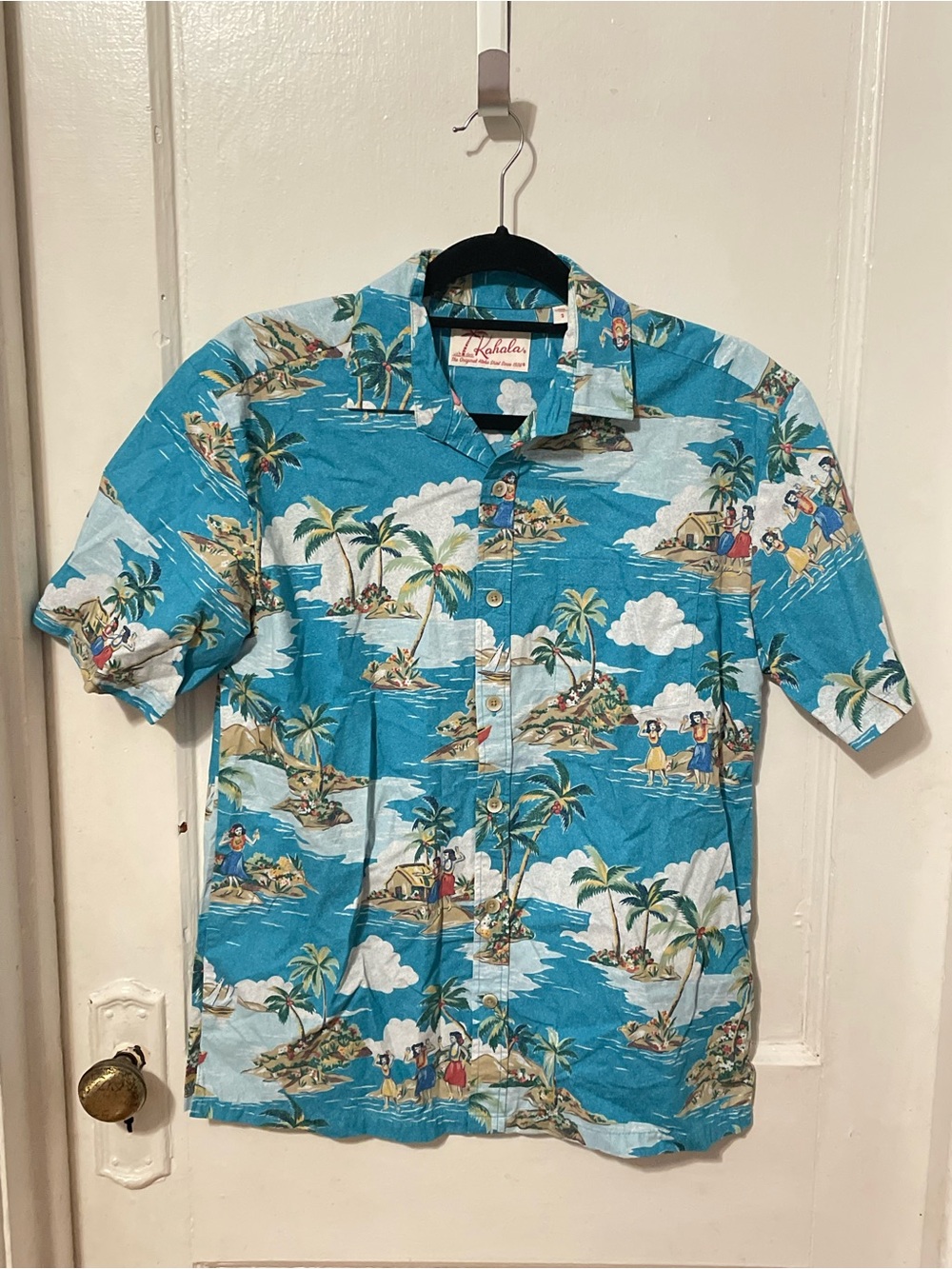 Men's Turquoise Tropical Print Camp Collar Shirt
